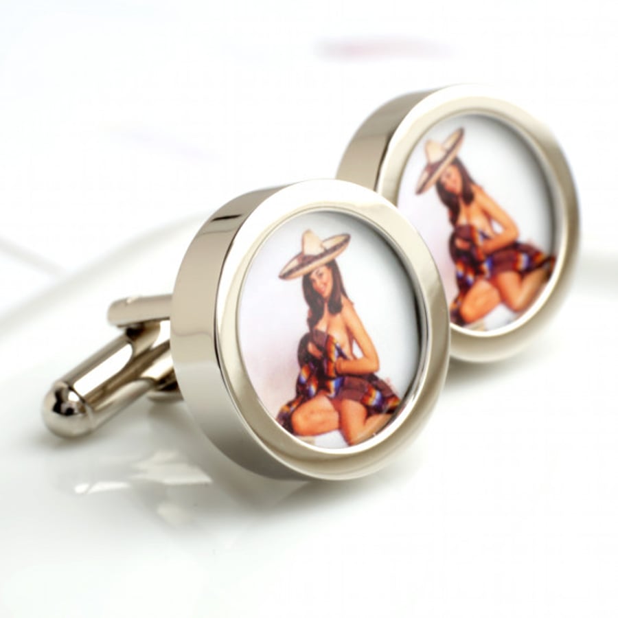 Vintage Pinup Nude Cufflinks of a Girl in Mexican Hat