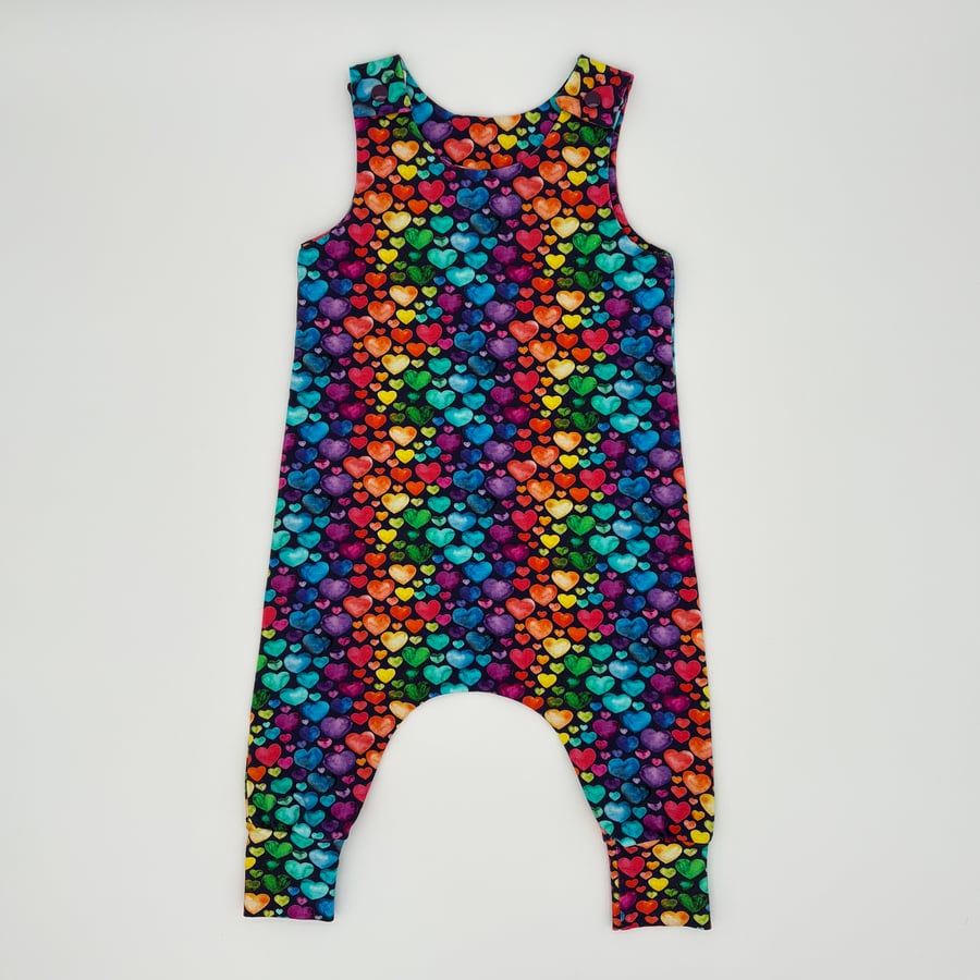 Rainbow Hearts Handmade baby dungarees, (6-9 months)