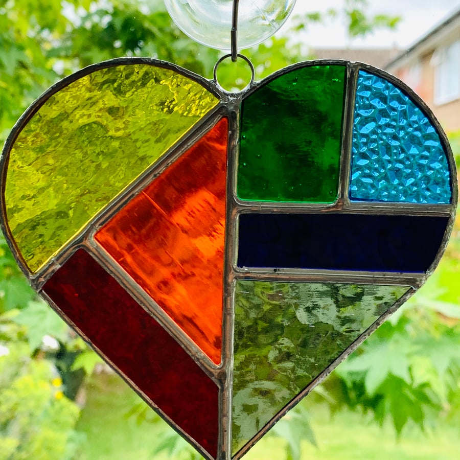 Stained Glass Heart Suncatcher - Multi Rainbow