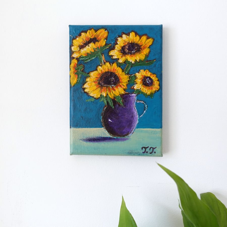 Sunflowers Still Life Acrylic Painting on Mini Canvas Art