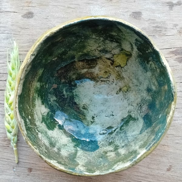 Earthenware pottery painted bowl rustic organic shape green