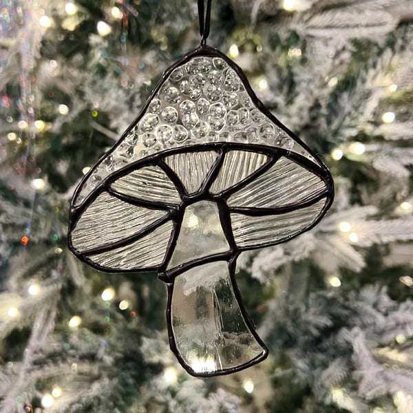 Clear textured stained glass Bobble Mushroom with velvet ribbon