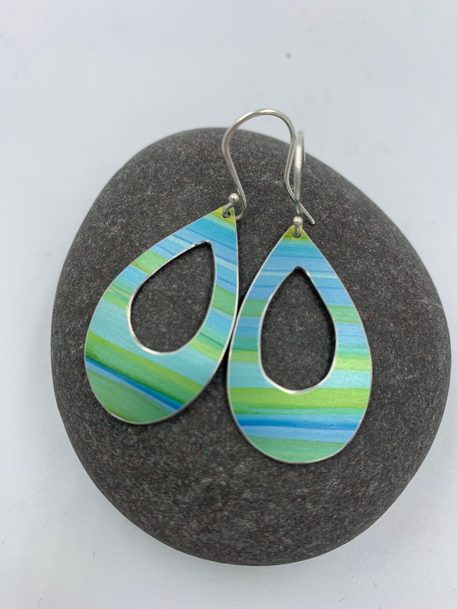 Turquoise and lime green striped drop shaped aluminium earrings