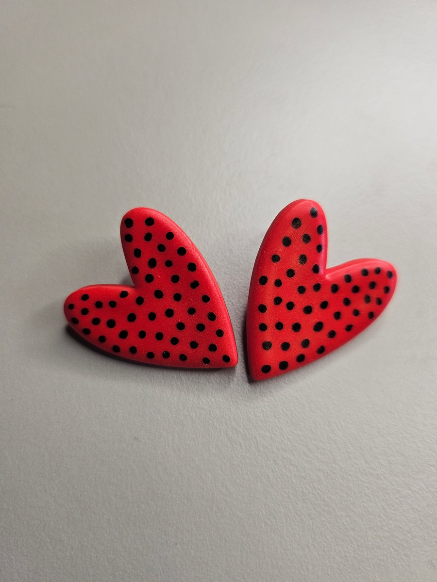 Black and Red Spotty Dotty Love Heart Polymer Clay Stud Earrings 
