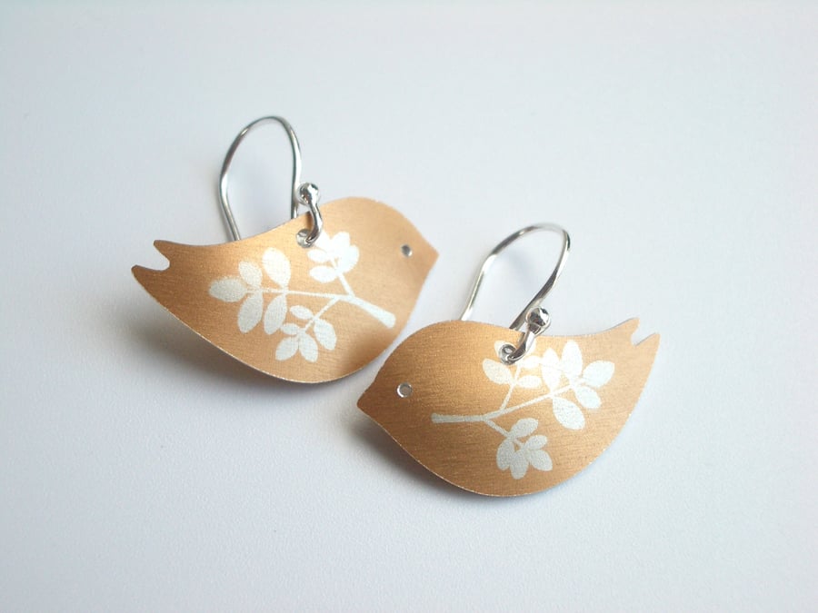 Bird earrings with leaf prints 