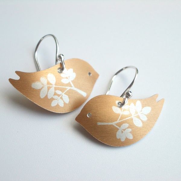 Bird earrings with leaf prints 
