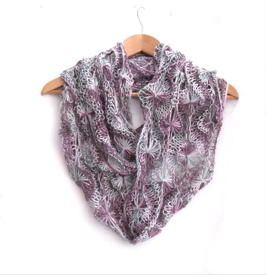 Infinity Scarf , hand knit , hand dyed , Rainbow Flourite