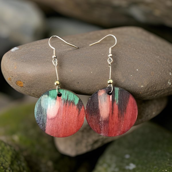 Earrings - Boho style, Dangle, Alcohol Ink on Wood - Gold Plated, Freepost
