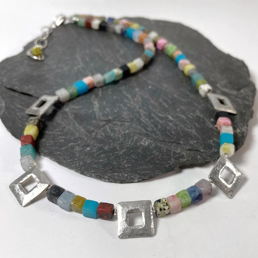 Sterling silver square bead multi coloured necklace.