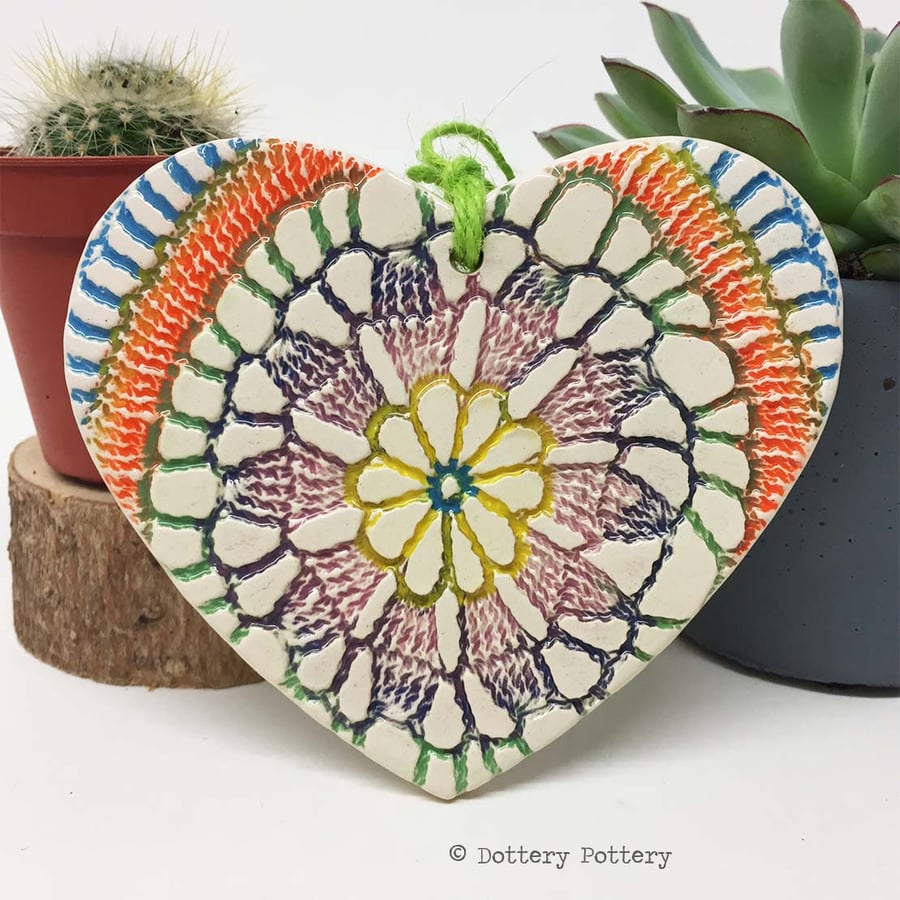 Ceramic heart hanging decoration Pottery Heart Tie Dye Festival Bright Colours