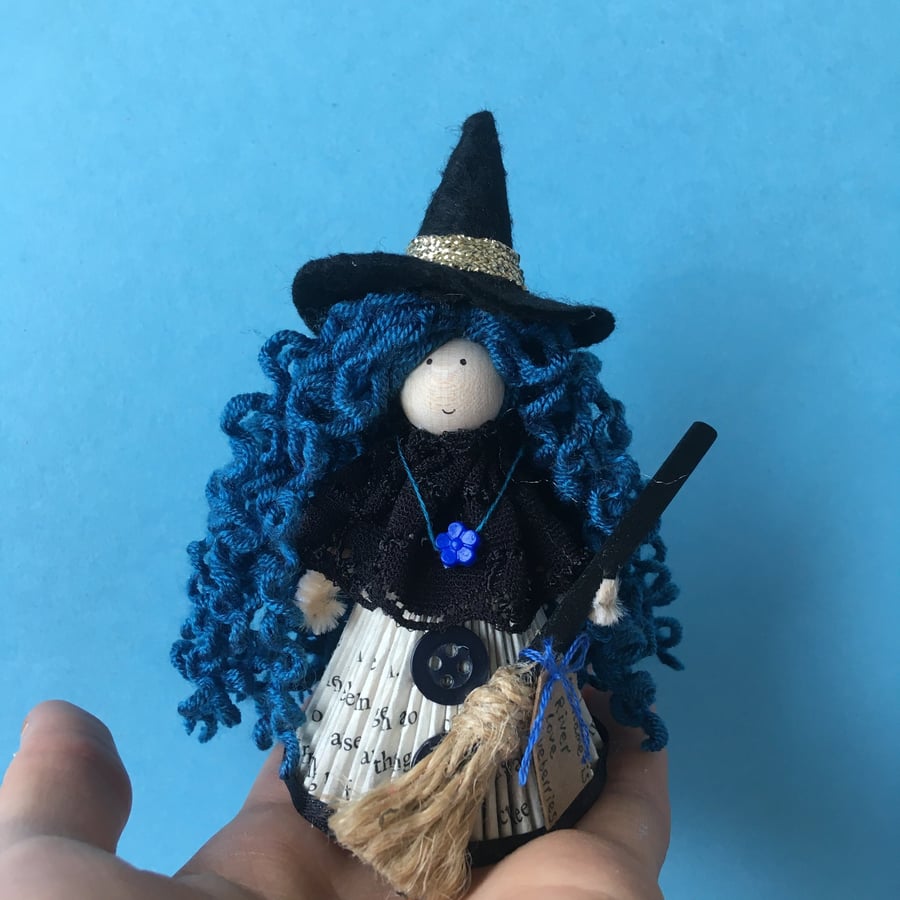 Witch Doll Decoration, Folded Book Art, Witch Core Decor, Blue