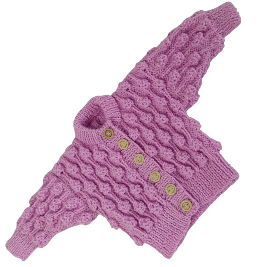 Girls Hand Knitted Baby Cardigan, Bobble Pattern, pink, 0-6 Months