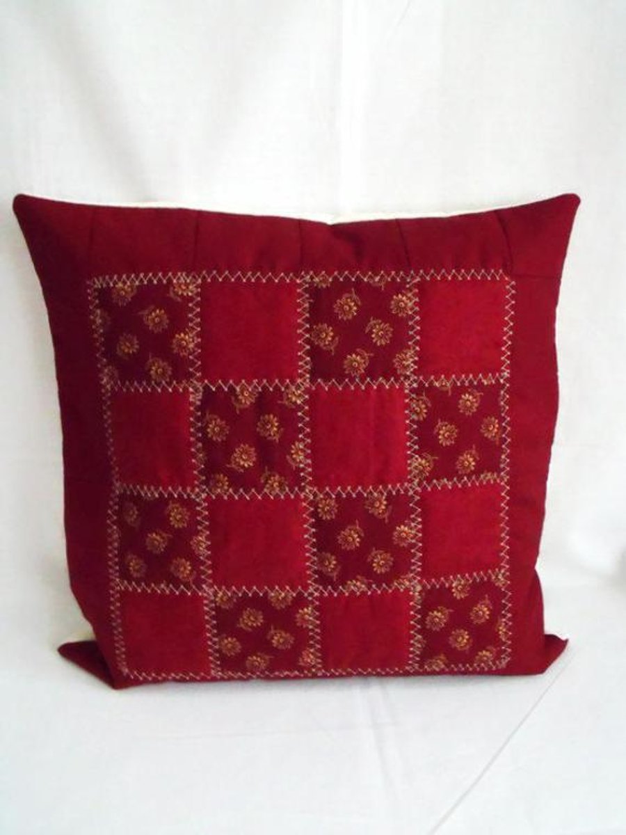 maroon patchwork quilted cushion cover, decorative accent pillow slip