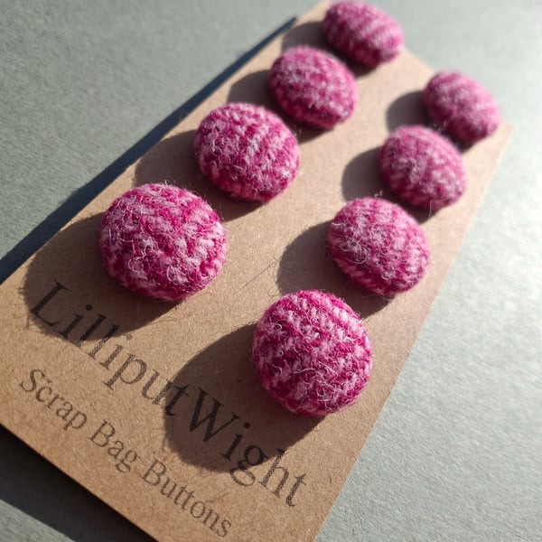 Set of eight scrap bag buttons - pink and raspberry Harris Tweed