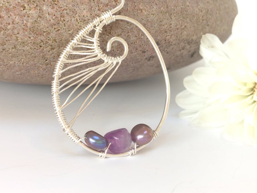 Sterling Silver Fluorite and Freshwater Pearl Egg Pendant Necklace