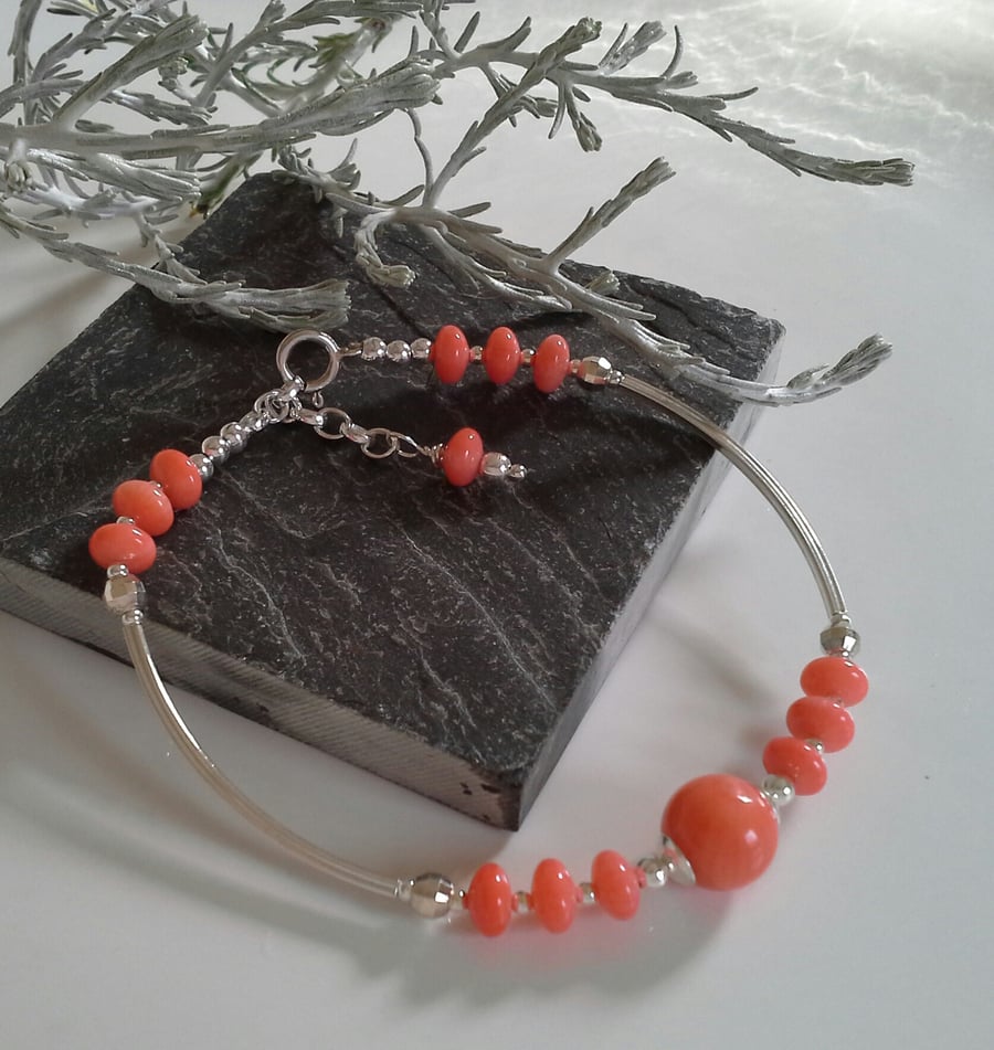 Eco Reclaimed Peach Coral Sterling Silver Bracelet Free size