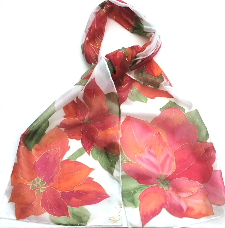 Red poinsettia  hand painted silk scarf
