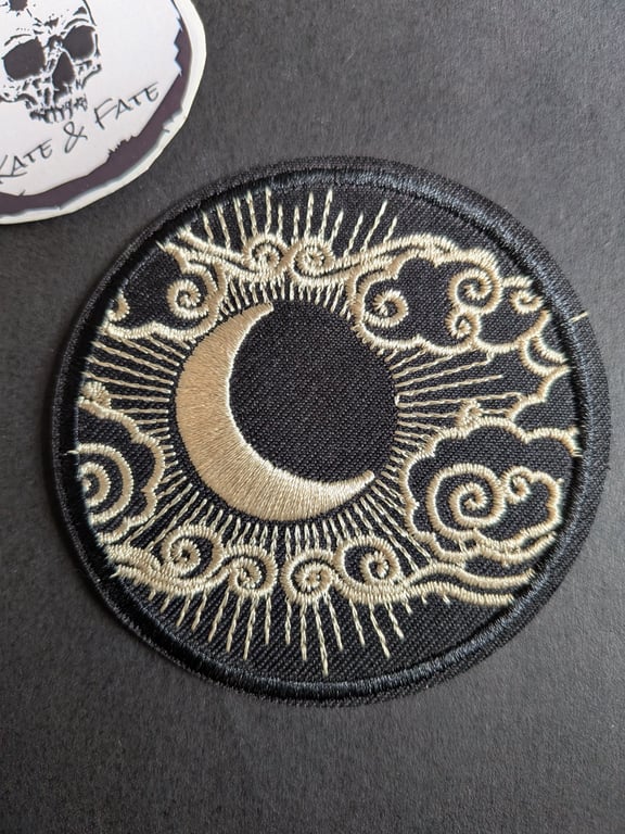 Crescent moon, clouds - Embroidered Iron on Patch