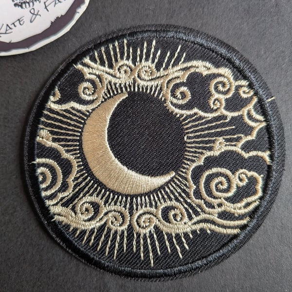 Crescent moon, clouds - Embroidered Iron on Patch