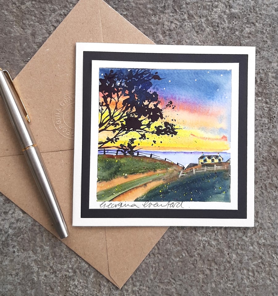 Sunset Ocean Blank Card. With Sandy Path and Cottage. Handmade Any Occasion SALE