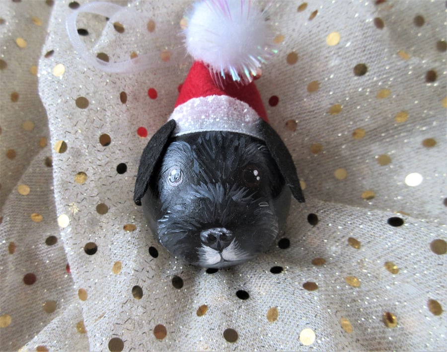 Black Dog Bauble Christmas Tree Decoration Wooden Terrier in Santa Hat