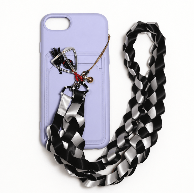 Halloween Black Cat Phone Strap – Black & Silver Ribbon with Beaded Charm