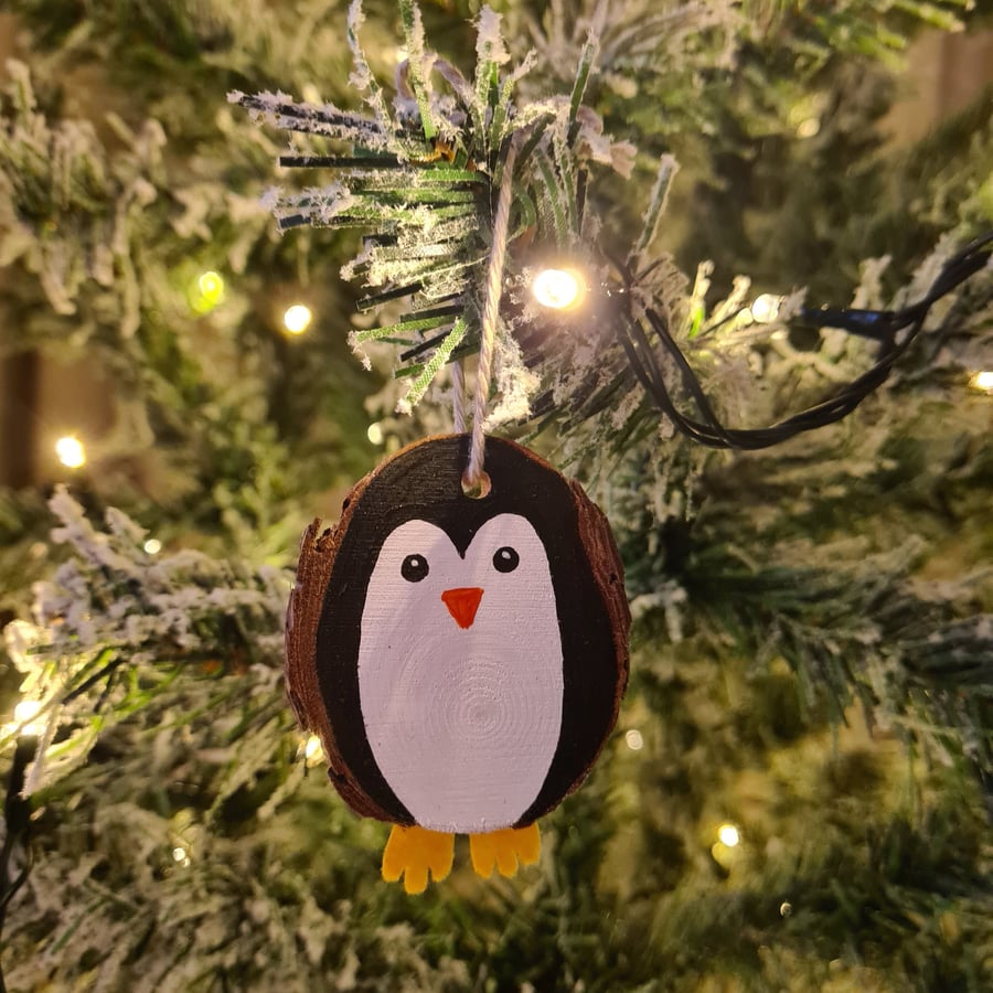 Cute Penguin Log Slice Christmas Tree Decoration - Handcrafted - Free P&P