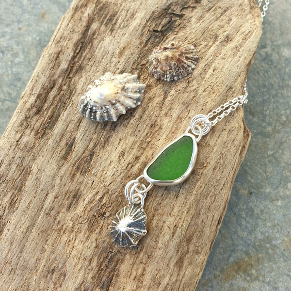 Sterling silver seaglass and limpet shell pendant