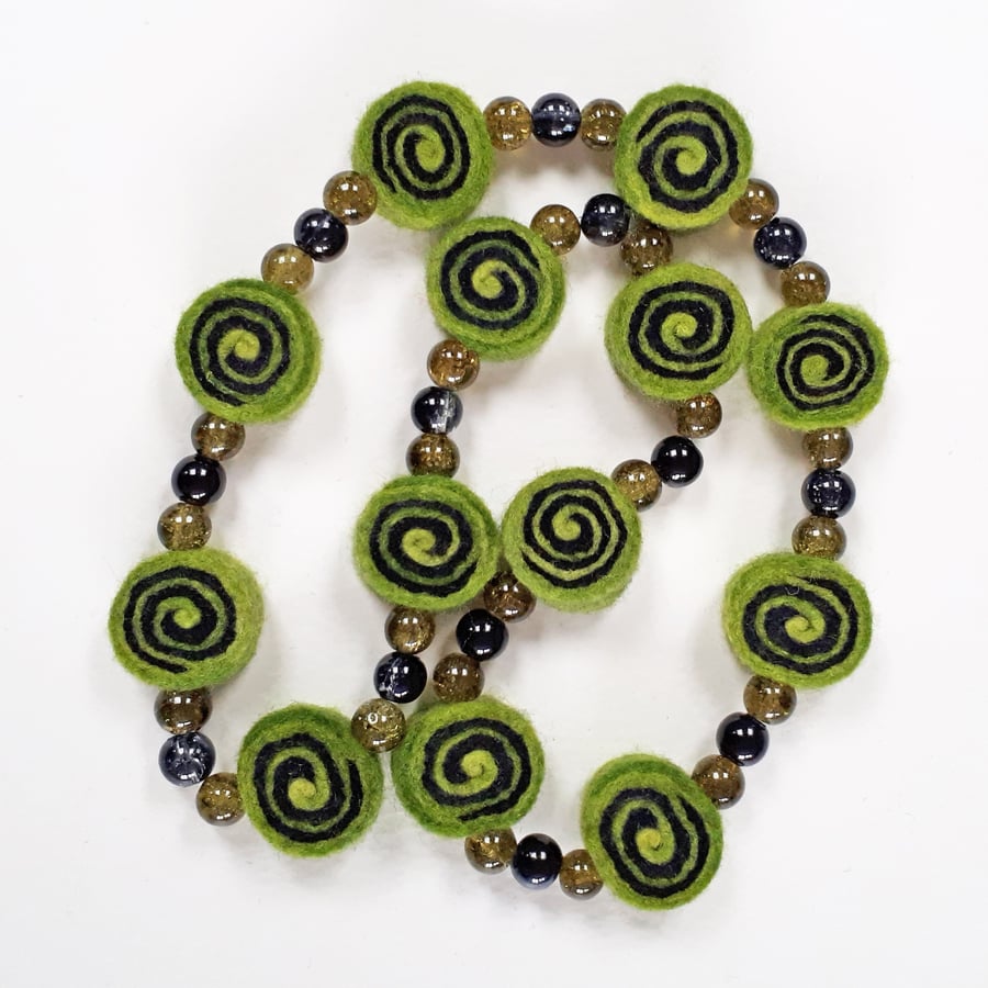 Green & Black Felt Necklace with Green & Smoky Glass Beads