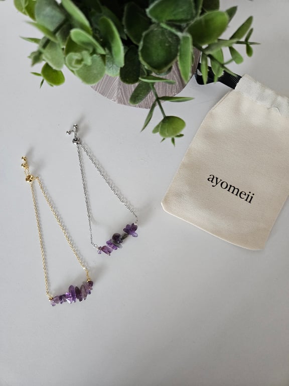 Natural amethyst and 18ct gold or platinum plated slider bracelet