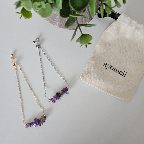 Natural amethyst and 18ct gold or platinum plated slider bracelet