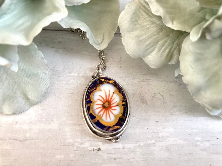 Broken China Pendant Necklace, Royal Crown Derby Pattern, Boho Style