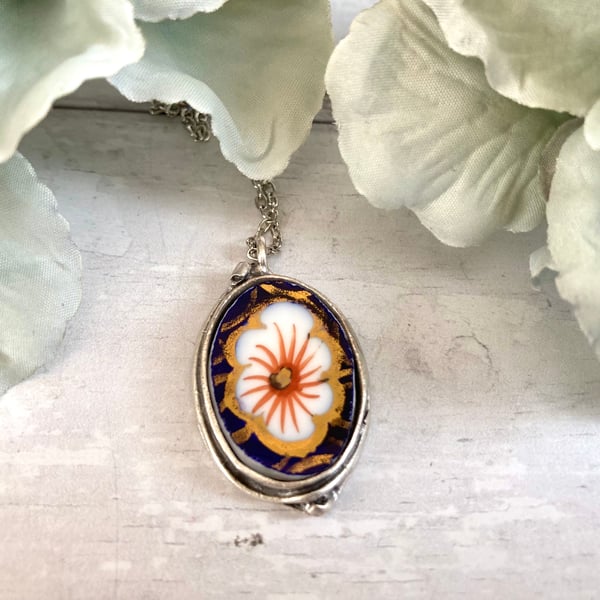 Broken China Pendant Necklace - Royal Crown Derby Pattern - Boho Style