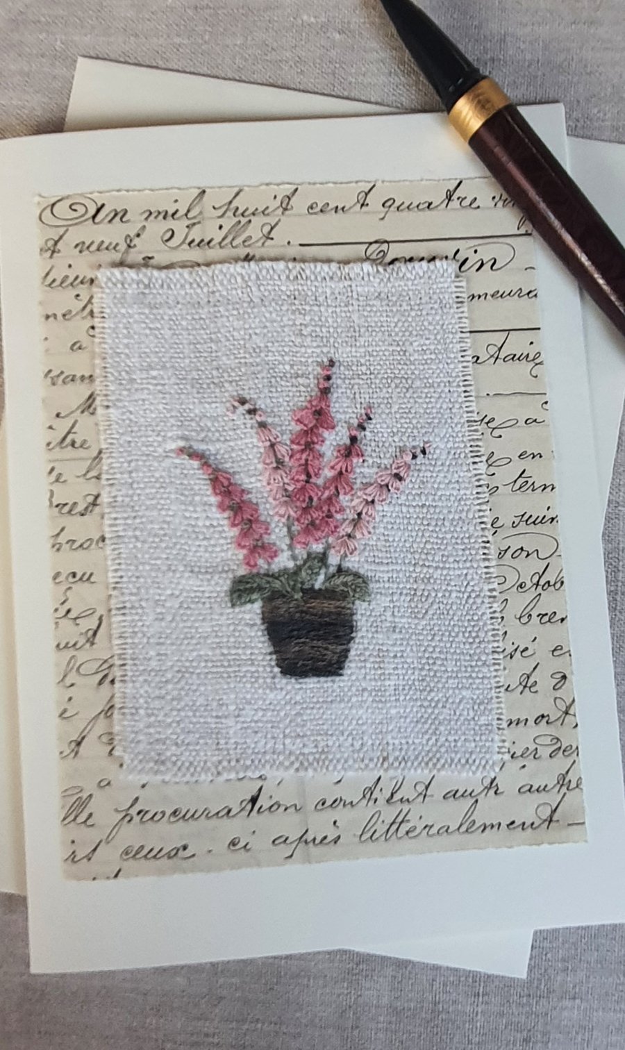 Hand embroidered blank greetings card