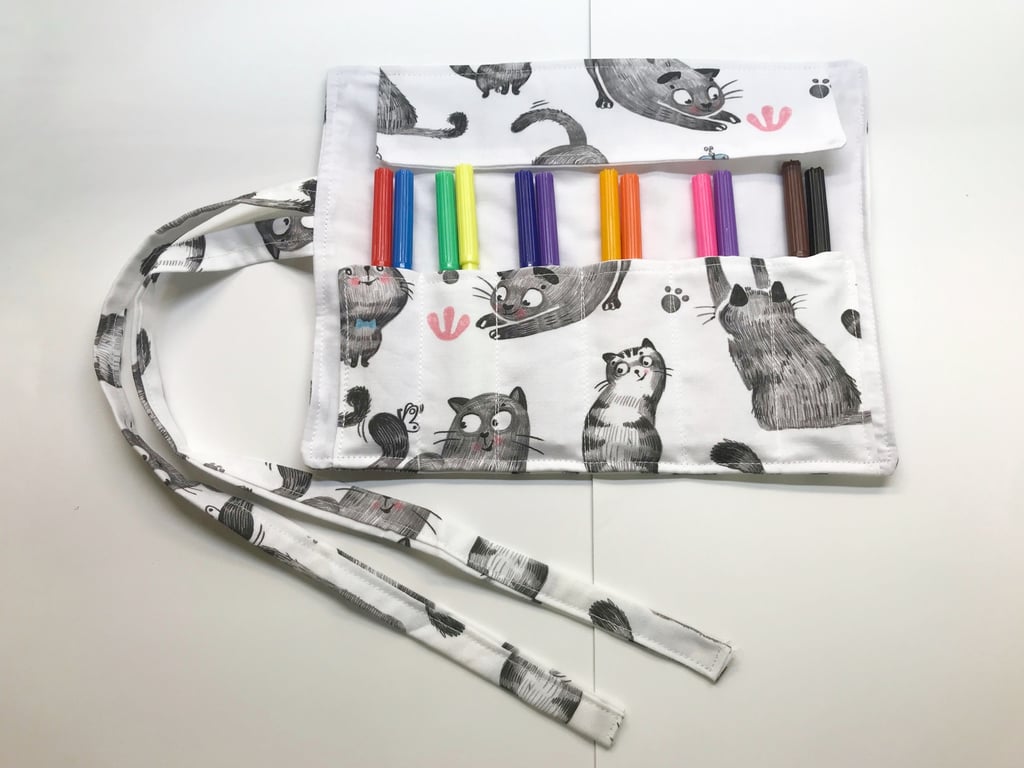Grey roll up pencil case for kids, cats cotton fabric 