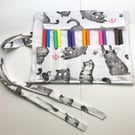 Grey roll up pencil case for kids, cats cotton fabric 