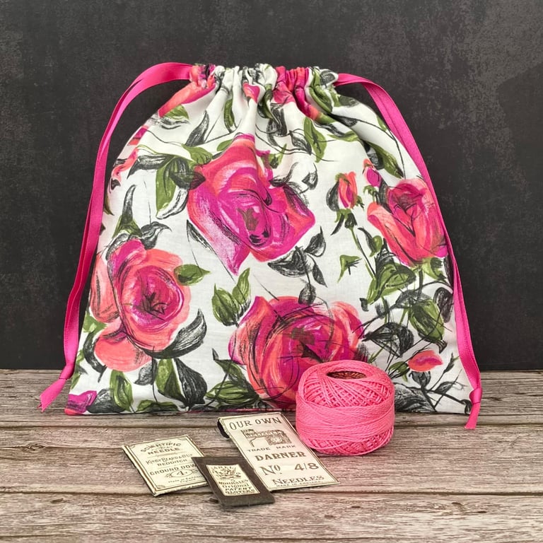 Pink Painterly Roses 1950s Vintage Fabric Drawstring Bag, Gift Bag, Pink Ribbon