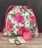 Pink Painterly Roses 1950s Vintage Fabric Drawstring Bag, Gift Bag, Pink Ribbon