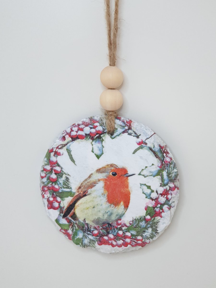 Robin Christmas hanging decoration, festive decor slate ornament 