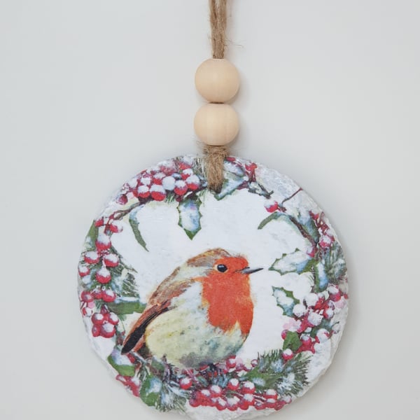 Robin Christmas hanging decoration, festive decor slate ornament 