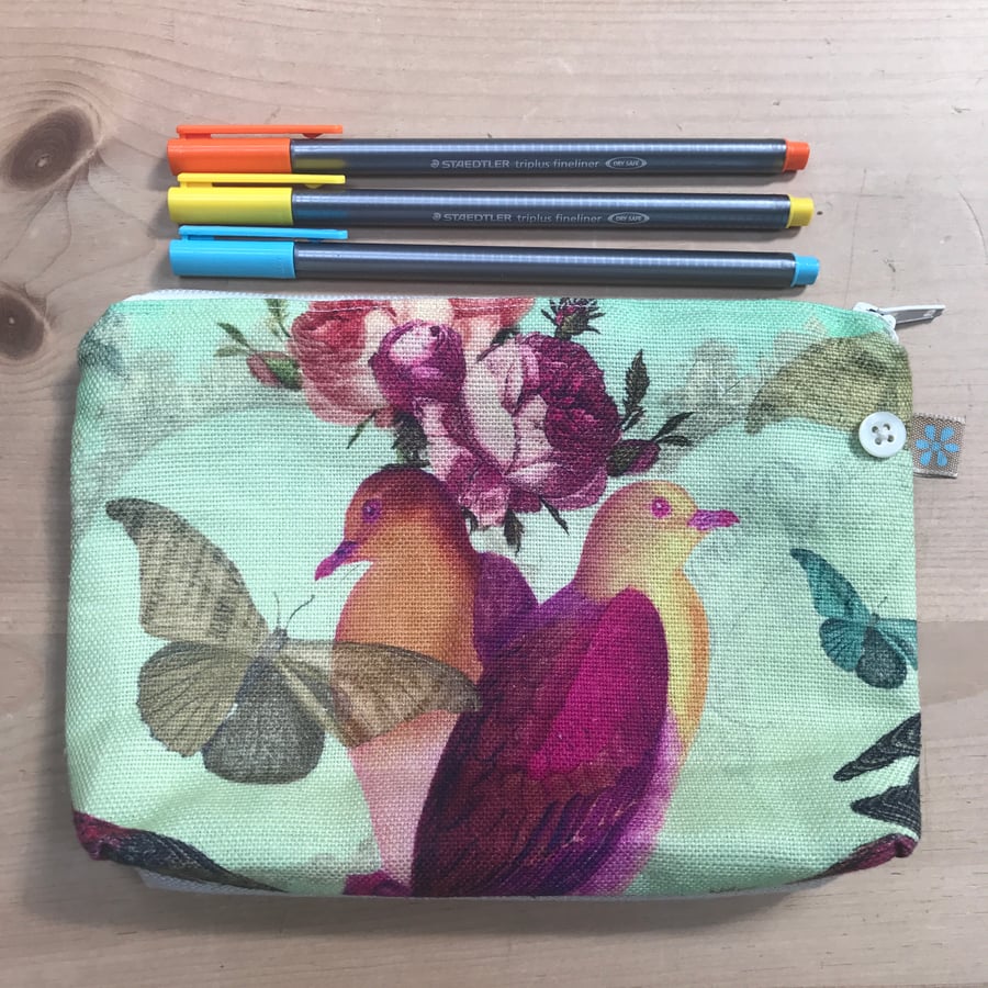 Linen zip pouch with exotic birds