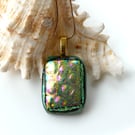 Dichroic Glass Pendant 257 Green Bubbles gold plated chain