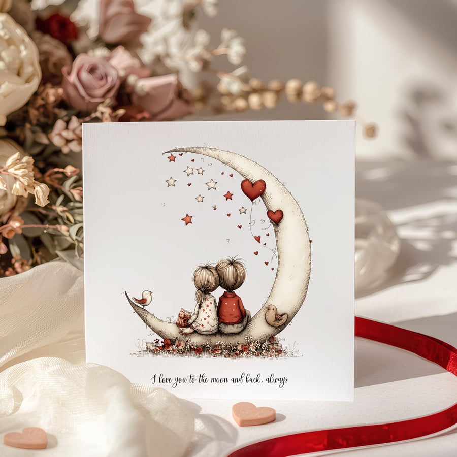 Valentines Card - I love you to the moon & back, always