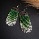 Boho Green Beaded Fringe Earrings, Shimmering Statement Seed bead earrings 