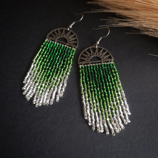 Boho Green Beaded Fringe Earrings, Shimmering Statement Seed bead earrings 