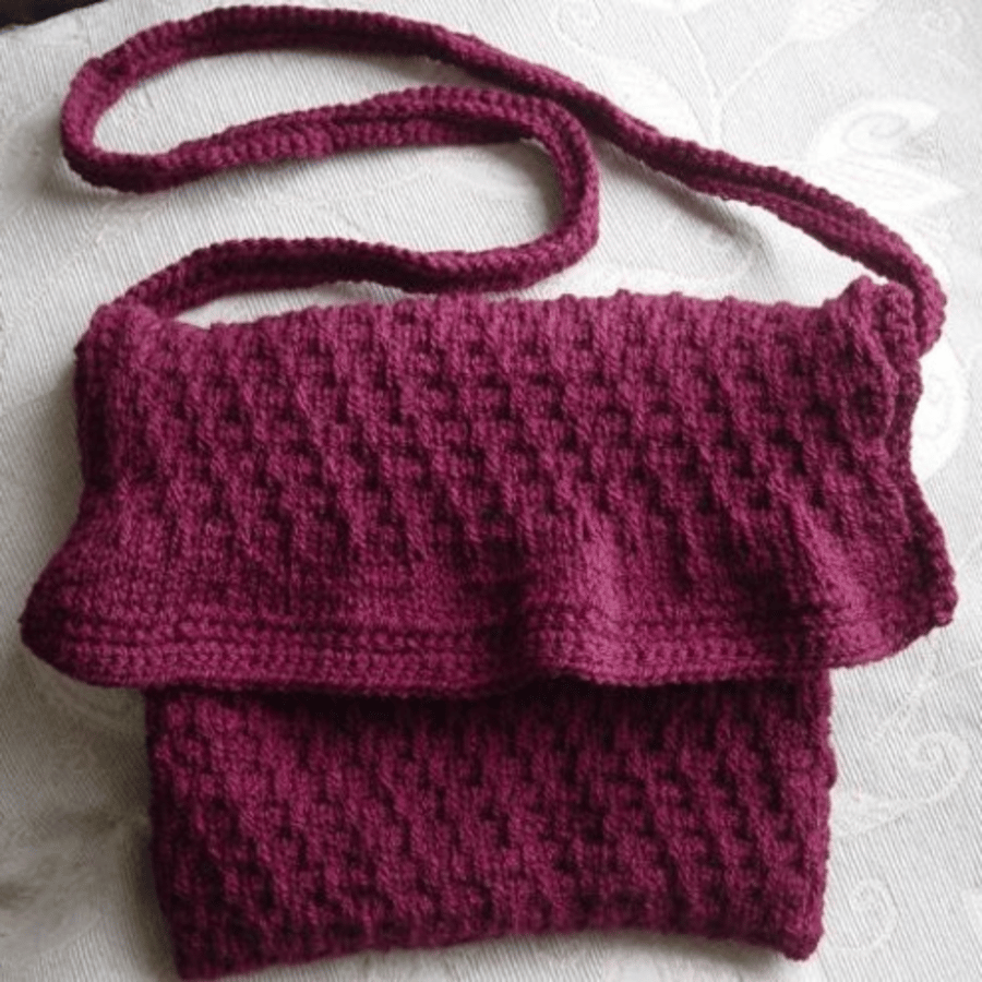 Burgundy Wine, Hand Knitted Handbag, with Shocking Pink Surprise!