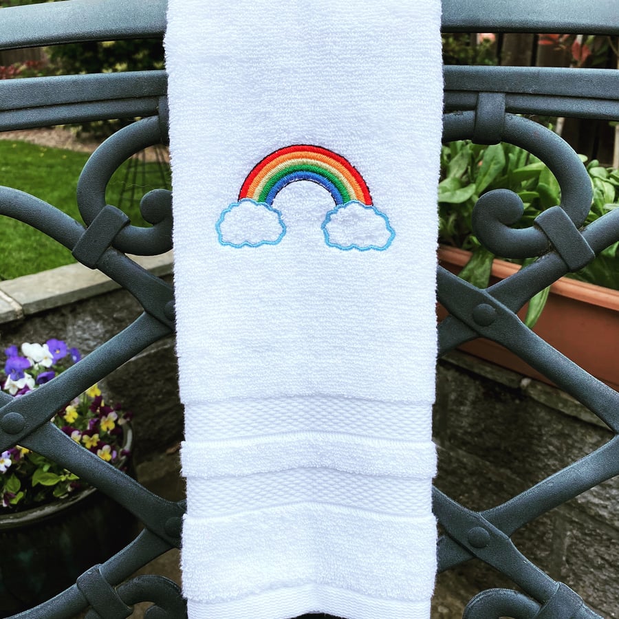 Embroidered Rainbow and Clouds hand towel