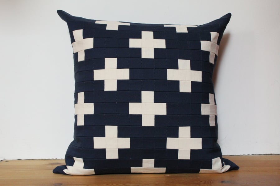 Patchwork Navy And Natural Cross Cushion