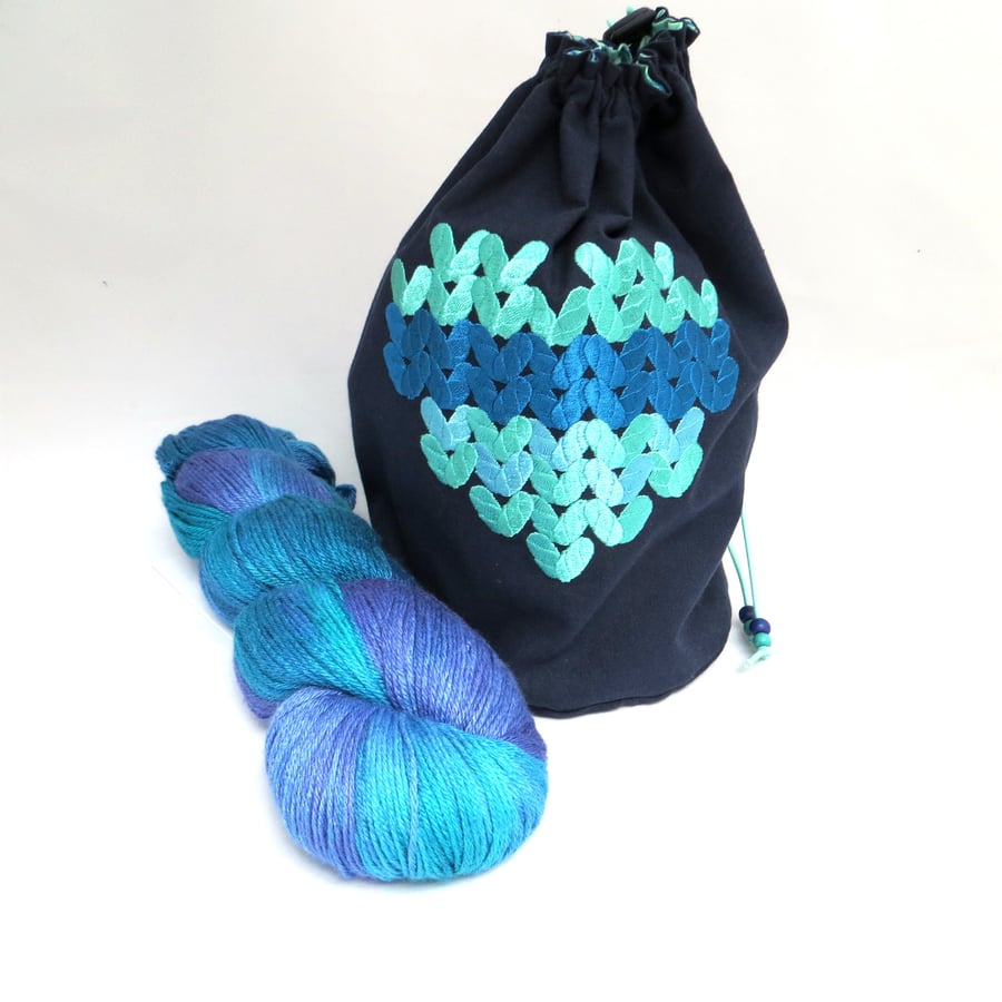 Knitted Heart Embroidered Project Bag