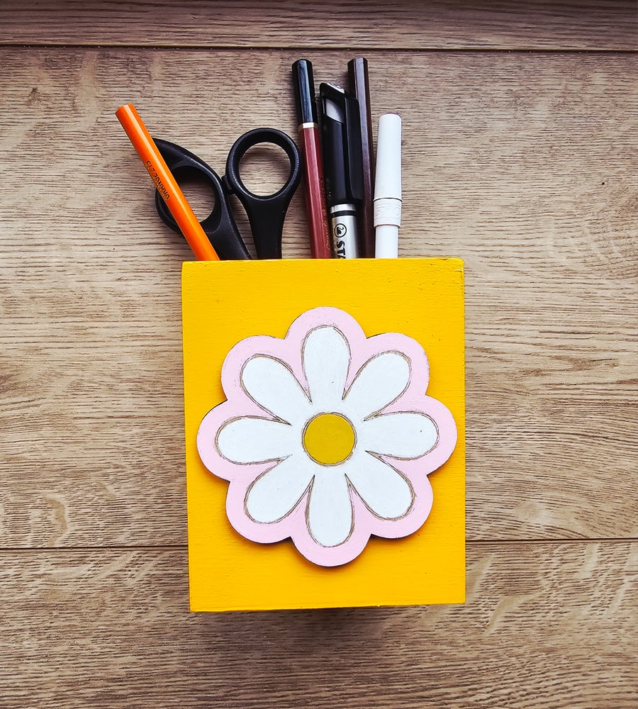 Daisy Wood Desk Tidy Pen Pot Storage Handmade Sixties Inspired and Gorgeous